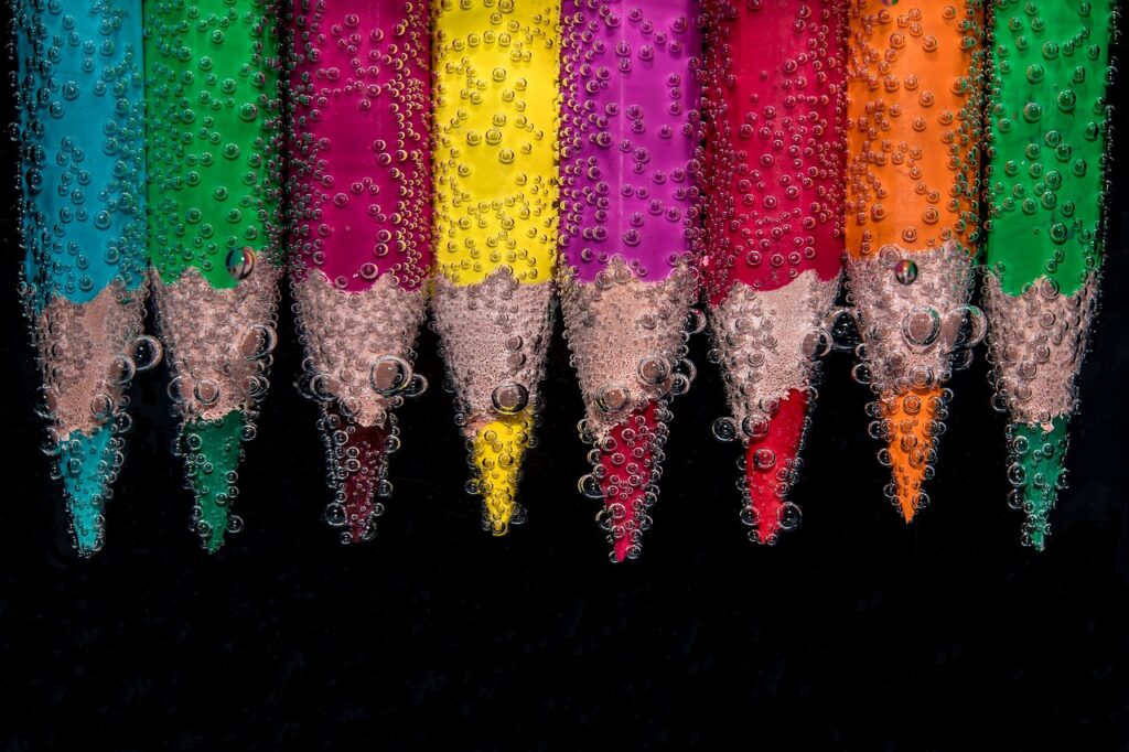 colorful, pencils, submerged, underwater, air bubbles, colored pencils, coloring pencils, art materials, coloring materials, wet, color, creativity, creative, art, color, art, art, art, art, art