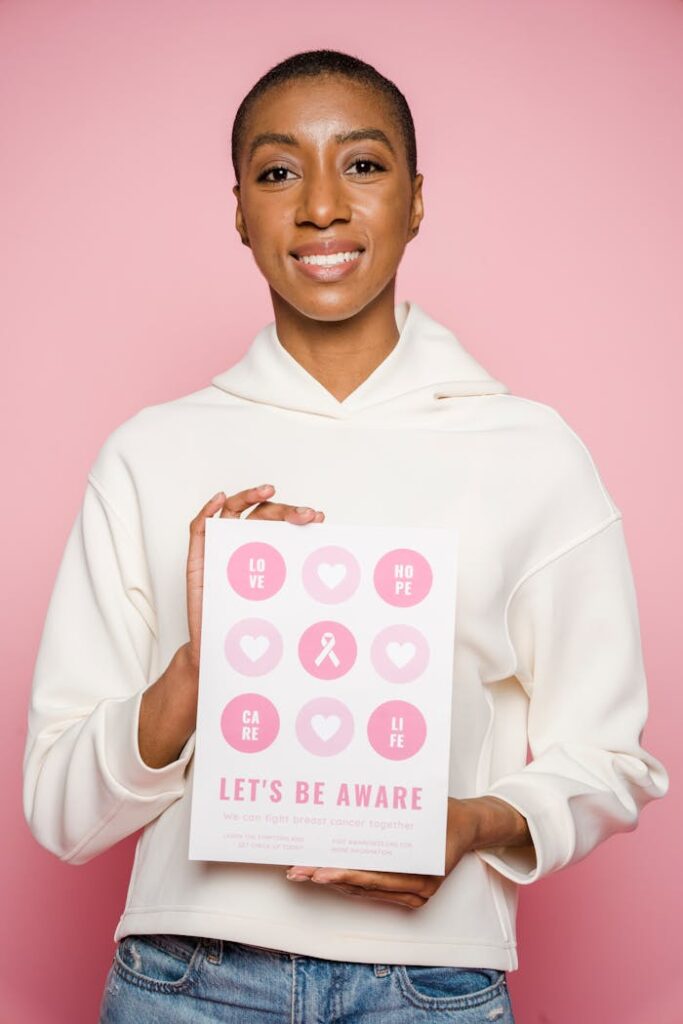 pexels-photo-6303693 African American woman promoting breast cancer awareness with a motivational poster.